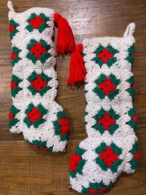 Pair Handmade Crochet Christmas Stockings  Vintage 15” with Bell